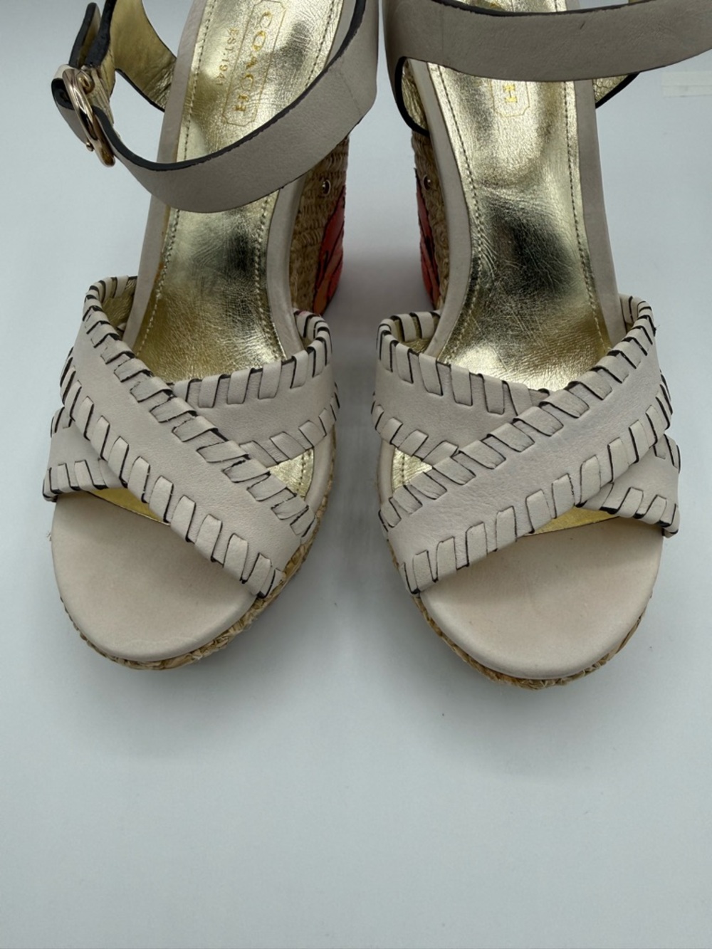 Coach Justeen Wedge Sandals Beige Leather Floral Platform Espadrille Heels - Picture 15 of 17
